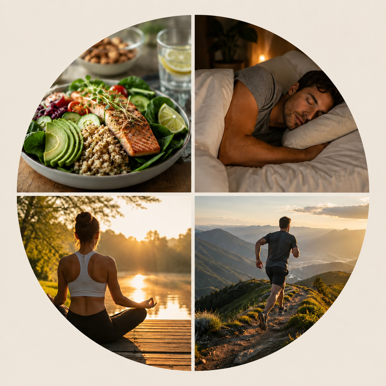 Four wellness foundations in a circle: a fresh salmon and avocado bowl, a man sleeping soundly, a woman meditating at sunrise by a lake, and a man trail running in the mountains.